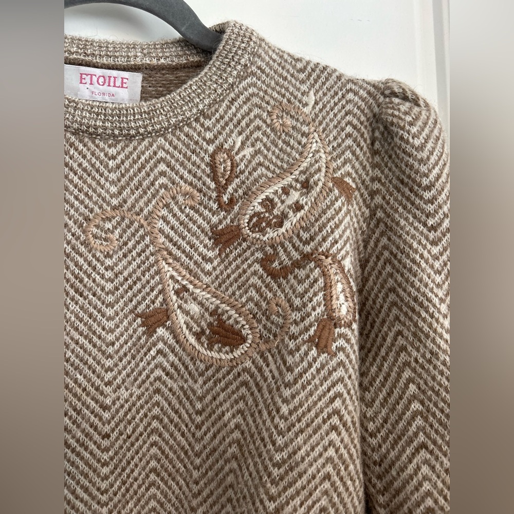 Vintage Alpaca Blend Embroidered Puff Shoulder Sweater Chevron Neutral M - Picture 3 of 8